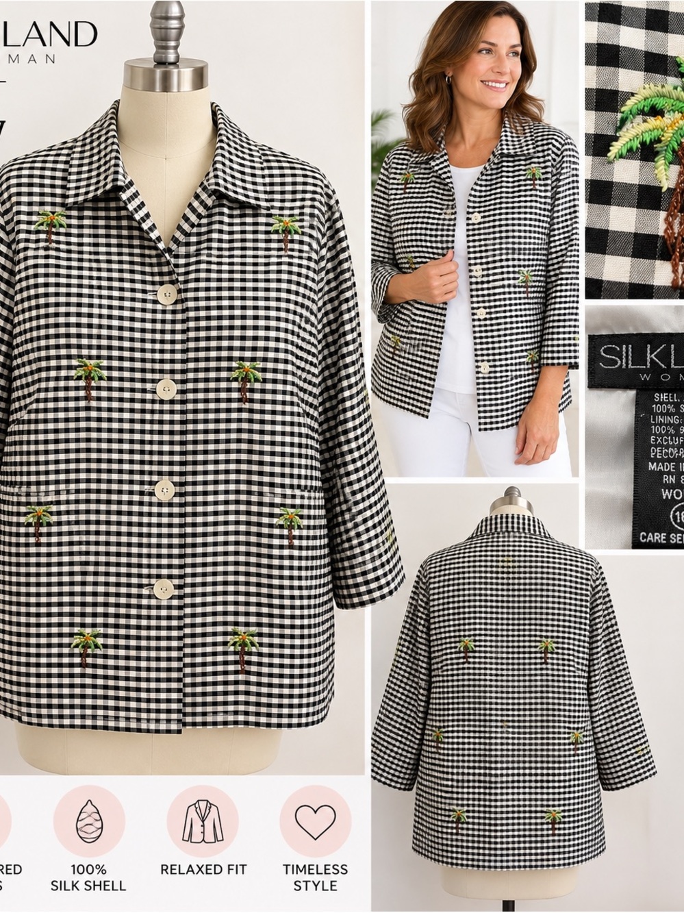 Silkland Woman’s 100% Silk Size 16W Gingham Palm Tree Embroidered Jacket